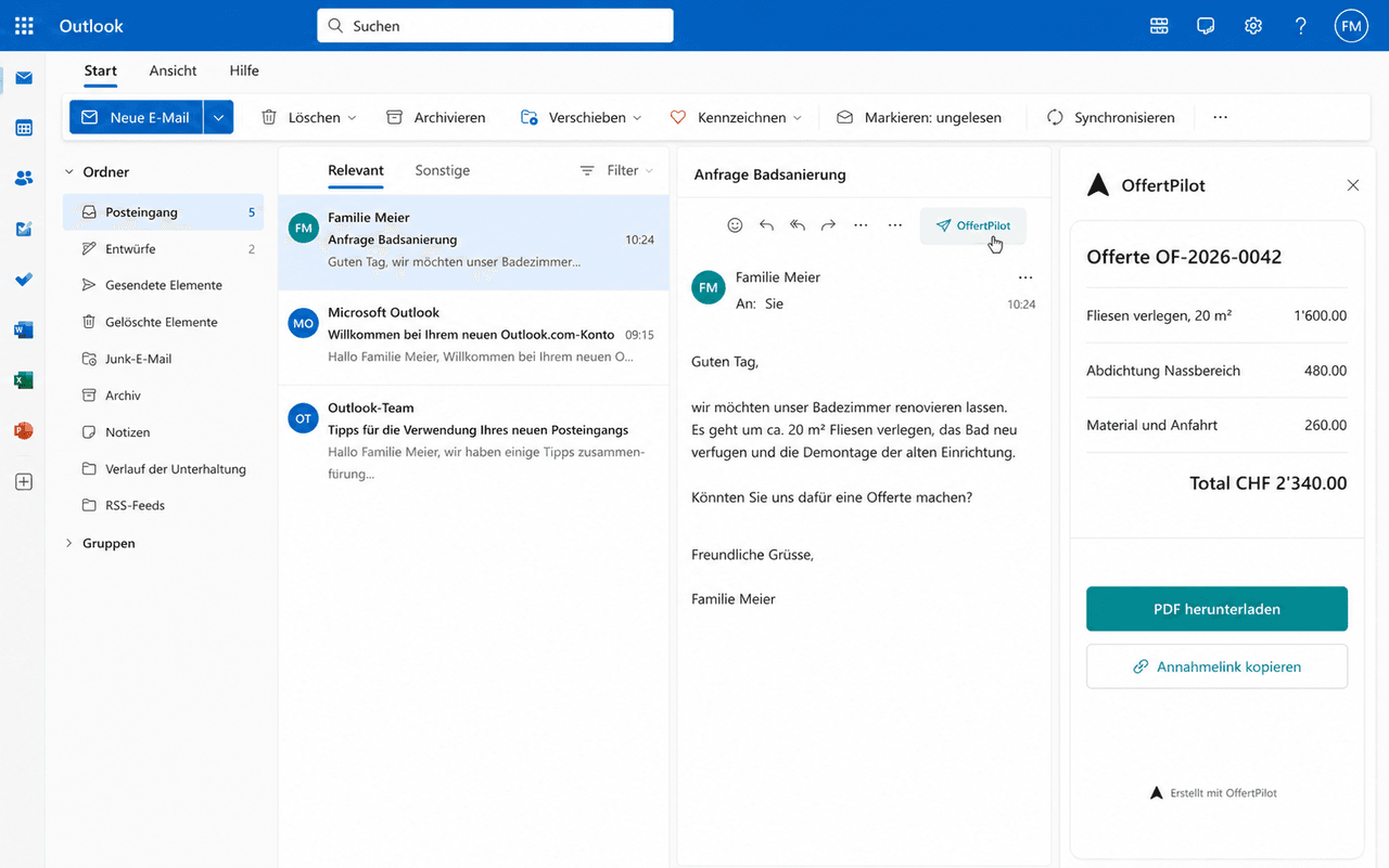 Der OffertPilot Knopf in Outlook mit fertiger Offerte im Seitenfenster