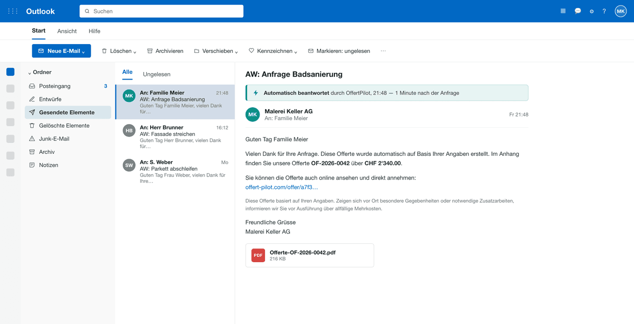 Automatisch versendete Antwort mit Offerte im Ordner Gesendete Elemente