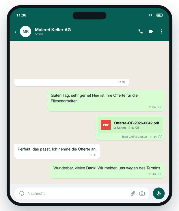WhatsApp Chat, in dem die Offerte als PDF verschickt wurde